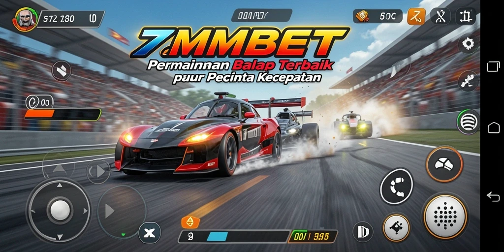 Tampilan gameplay <strong>7MMBET</strong> yang menampilkan aksi balapan seru dan kendaraan kustom.