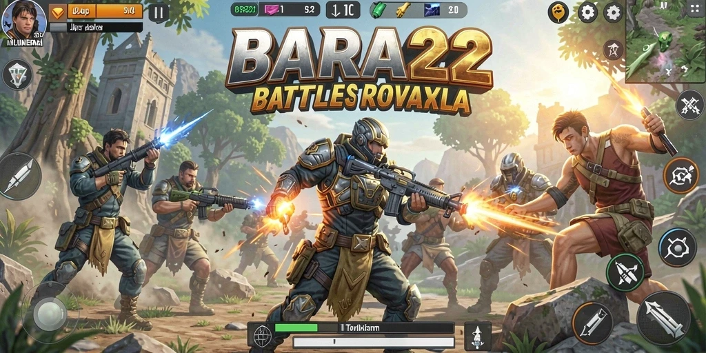 Screenshot utama BARA22 menampilkan aksi seru Battle Royale di medan perang.