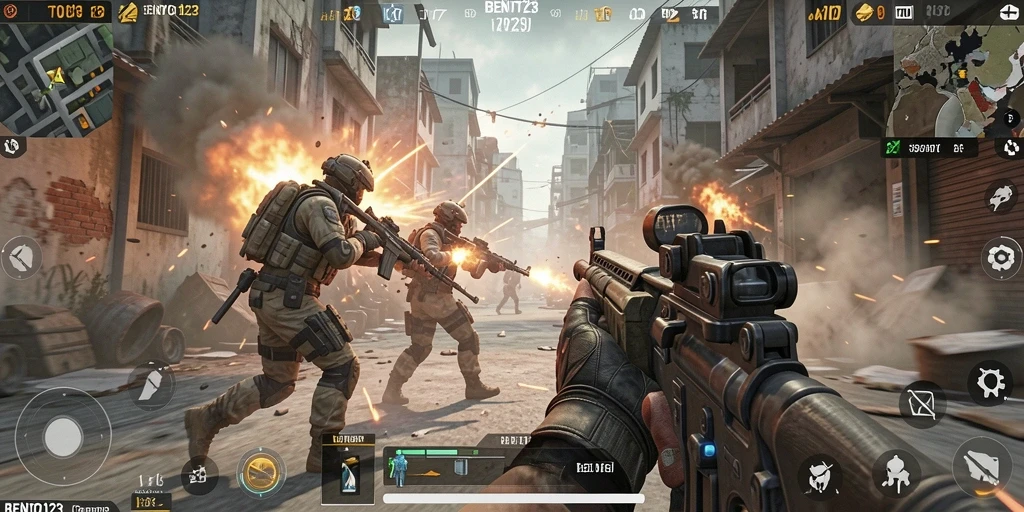 Tampilan gameplay seru BENTO123 dalam pertempuran FPS.