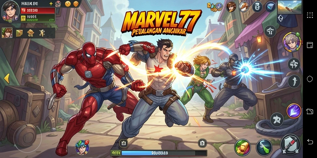 Tampilan gameplay yang memukau dalam MARVEL77 menunjukkan karakter anime yang bertarung.