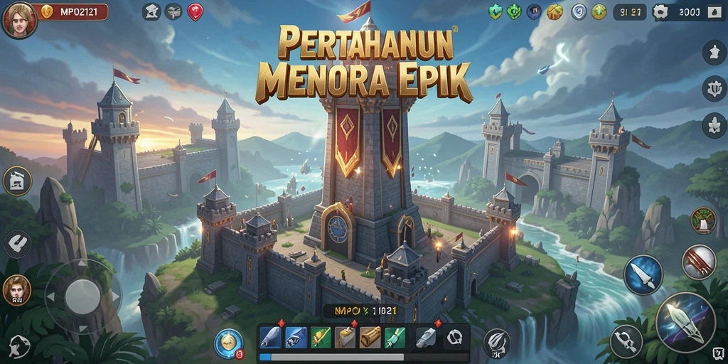 Tangkapan layar gameplay MPO2121 yang menampilkan pertahanan menara strategis.