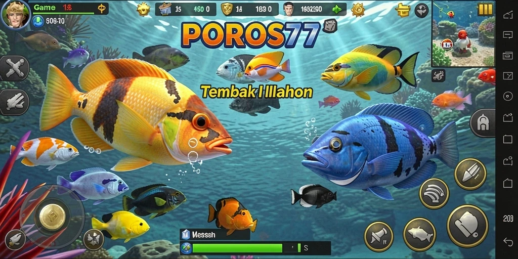 Tampilan gameplay POROS77 dengan aksi menembak ikan yang seru.