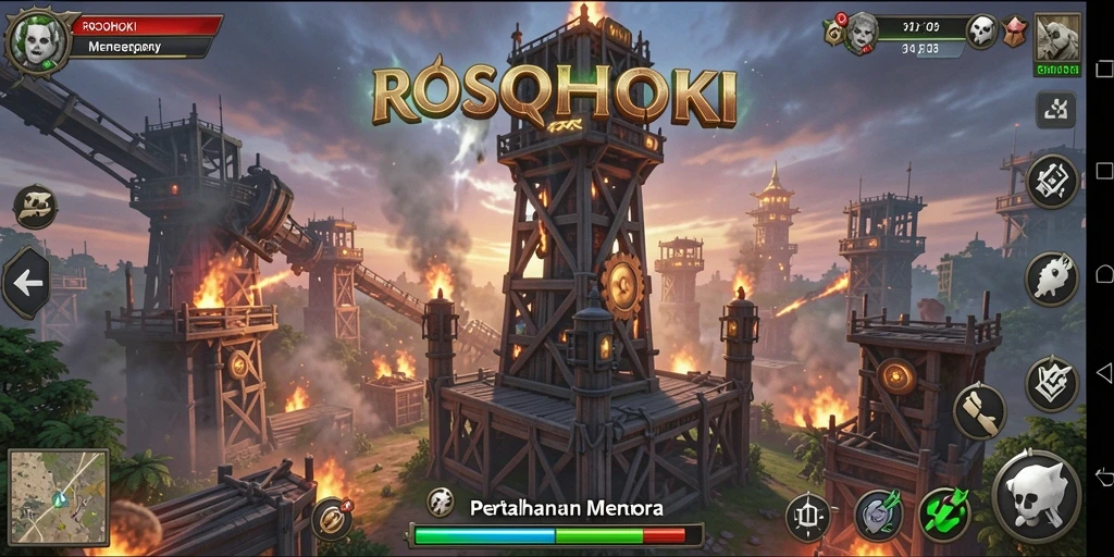 Screenshot ROSOHOKI menampilkan aksi menara menghancurkan musuh di level yang menantang.