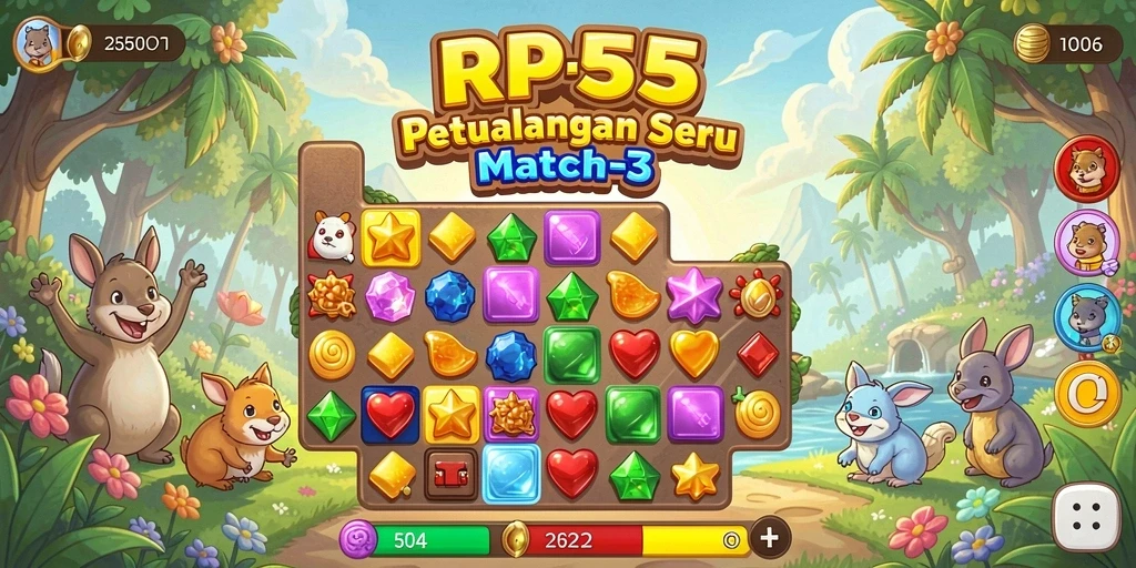 Screenshot gameplay RP55 dengan warna-warna cerah dan tantangan match-3.