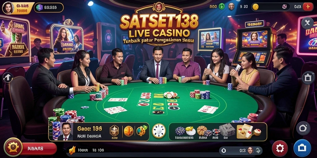 Tampilan gameplay SATSET138 yang menampilkan dealer langsung dan meja permainan.