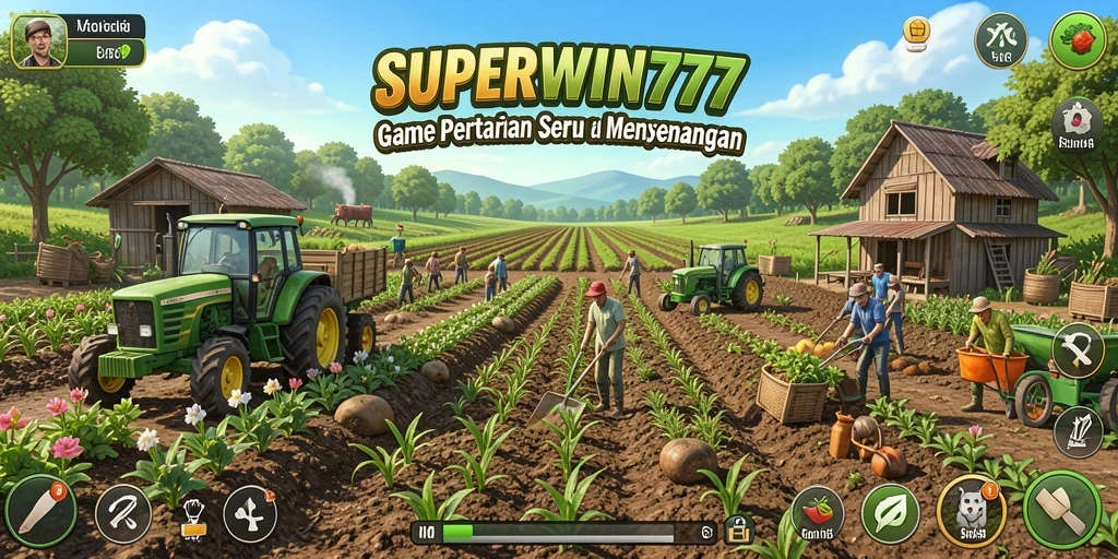 Tampilan gameplay <strong>SUPERWIN777</strong> yang menampilkan ladang yang subur dan tanaman yang beragam.