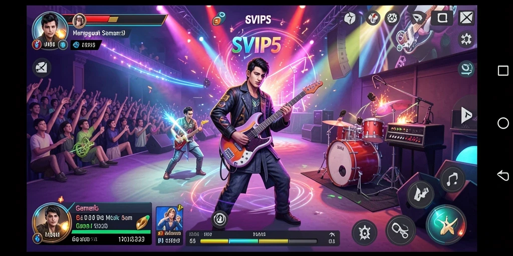 Tampilan gameplay SVIP5 menampilkan interaksi pengguna dengan musik.